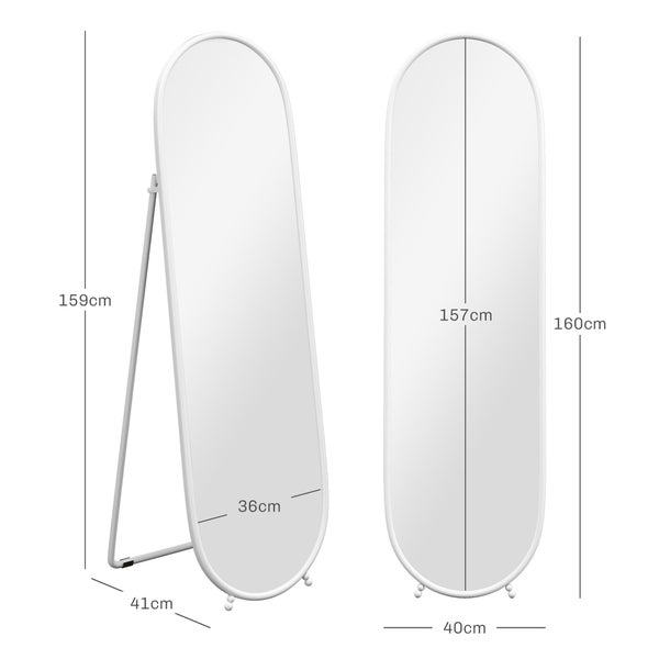 HOMCOM Ganzkörperspiegel, 160 x 40 cm Wandspiegel mit Ständer, Metallrahmen, Oval Standspiegel für Wohnzimmer, Schlafzimmer, Weiß