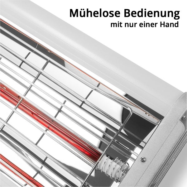 Detailansicht eines Infrarotheizstrahlers mit Schutzgitter und Heizelement, Text weist auf einfache Bedienung mit einer Hand hin.