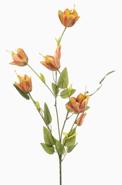 Künstlicher Blumenzweig mit orange-gelb gestreiften Lilienblüten und grünen Blättern.