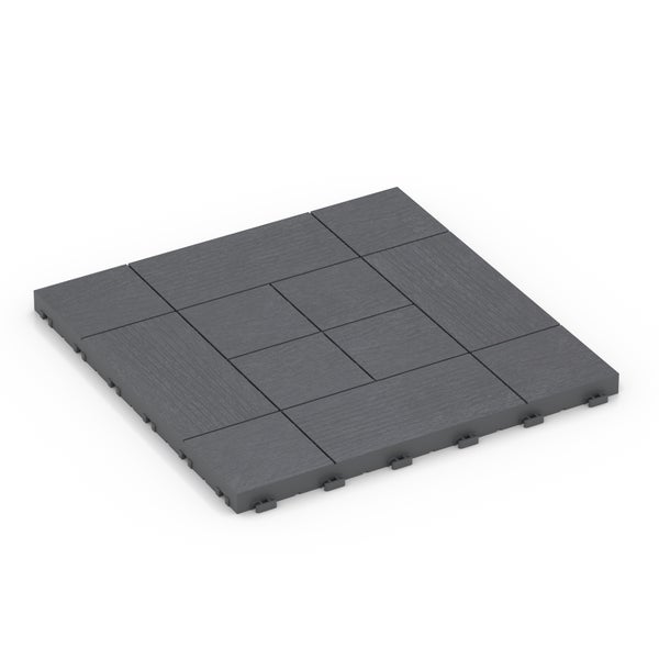 Dunkelgraue Klickfliesen aus Holz-Kunststoff-Verbundwerkstoff für Terrasse oder Balkon mit Holzoptik.