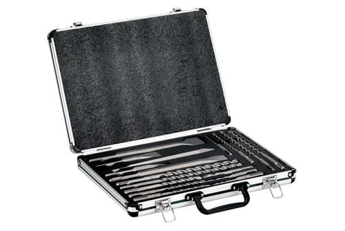 Bohrerset mit Meißeln und Bohrern in einem Aluminiumkoffer
