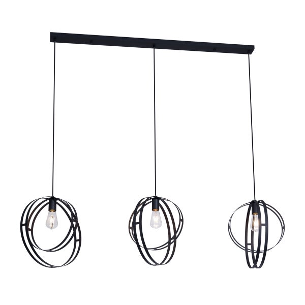 Dreiflammige Pendelleuchte mit runden, ineinander verschlungenen Metallrahmen und sichtbaren Leuchtmitteln für eine moderne Raumbeleuchtung.