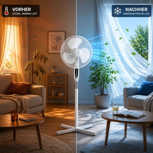 Ein weißer Standventilator in einem Wohnzimmer verdeutlicht den Übergang von warmer, stickiger Luft zu kühler, frischer Luft.