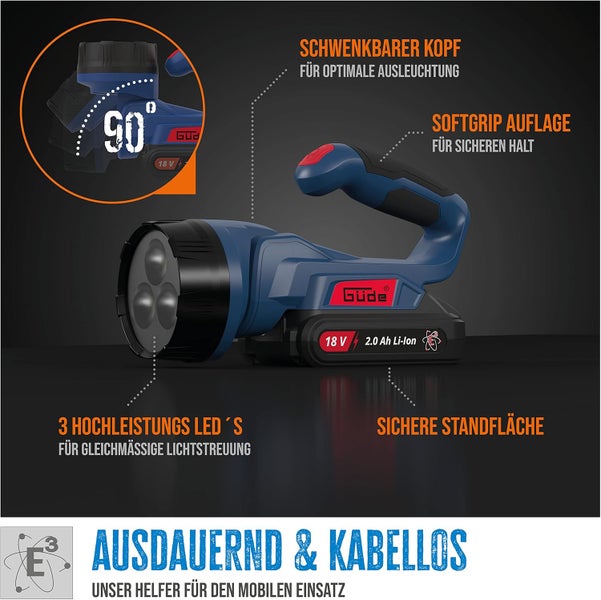 Güde Akku-Handleuchte mit 18 Volt Lithium-Ionen Akku, um 90 Grad schwenkbarem Kopf, 3 Hochleistungs-LEDs, Softgrip-Griff und stabiler Standfläche.