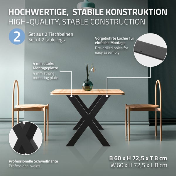 ML-Design 2er Set Tischbeine Kreuz X-Form 60x72,5 cm Schwarz, Profil 8x8cm, pulverbeschichteter Stahl, Industriedesign, Metall Tischkufen Tischgestell Kreuzgestell Möbelfüße, für Esstisch Schreibtisch