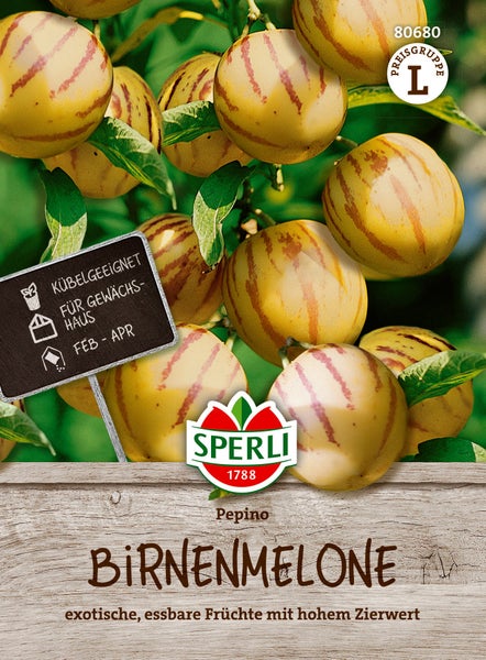 Sperli Saatgut für Pepino oder Birnenmelone mit exotischen essbaren Früchten und Informationen zu Anbau und Eignung als Kübelpflanze.
