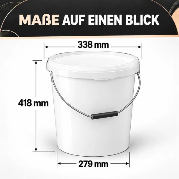 Kunststoffeimer mit Tragegriff und Maßen 338 Millimeter Durchmesser oben, 279 Millimeter Durchmesser unten und 418 Millimeter Höhe.