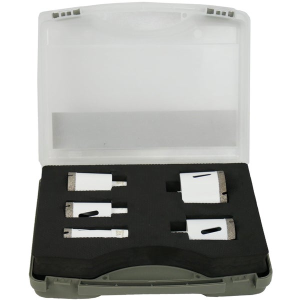 Bohrkrone Set M14 fünfteilig in einer grauen Kunststoffbox