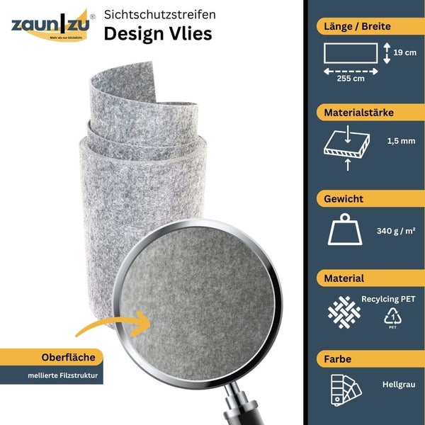 Zaun zu Design Vlies Sichtschutzstreifen Rolle mit Produktinformationen zu Länge, Breite, Materialstärke, Gewicht, Material und Farbe