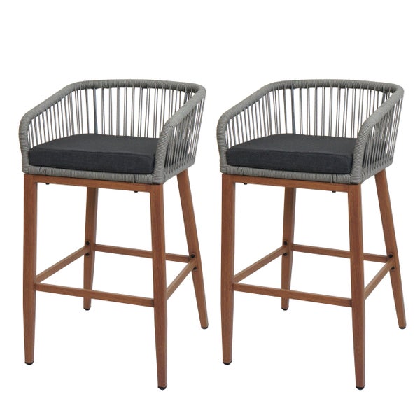 Zwei Barhocker mit Fußstütze und Sitzkissen