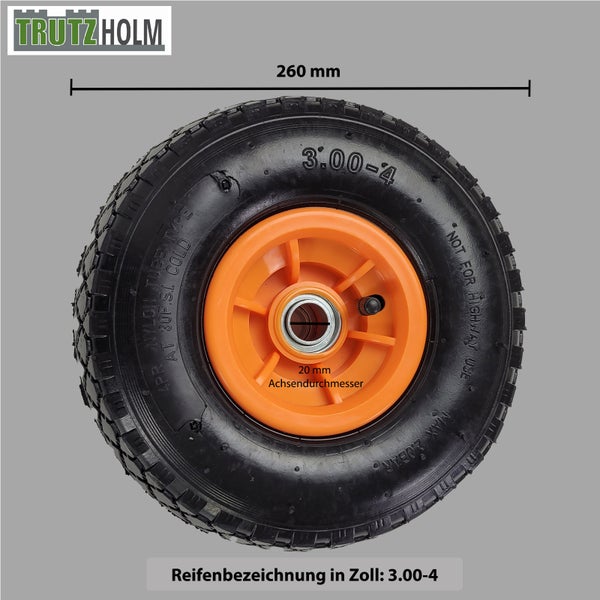 Trutzholm Sackkarrenrad mit 260 Millimeter Durchmesser, 20 Millimeter Achsdurchmesser und 3.00-4 Reifenbezeichnung.