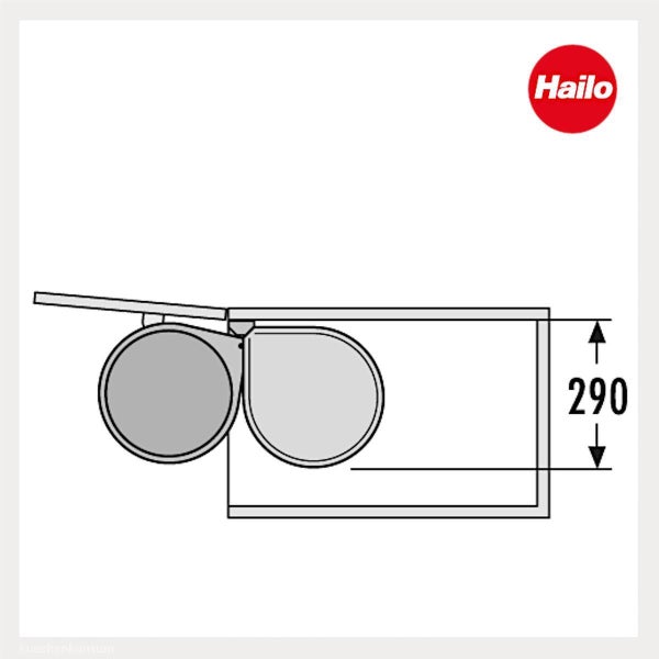Hailo Logo und technische Zeichnung eines Einbau-Abfallsammlers mit der Maßangabe 290.