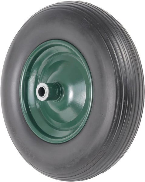 Schubkarre mit Metallwanne und grünem Gestell