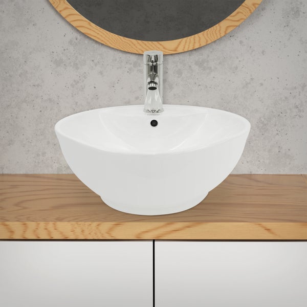 ECD Germany Design Waschbecken Waschtisch Ø 455 x 185 mm inkl. Ablaufgarnitur für Waschbecken mit Überlauf - Keramik Rund Weiß Aufsatzbecken Aufsatzwaschbecken Waschschale Aufsatzwaschtisch Spülbecken