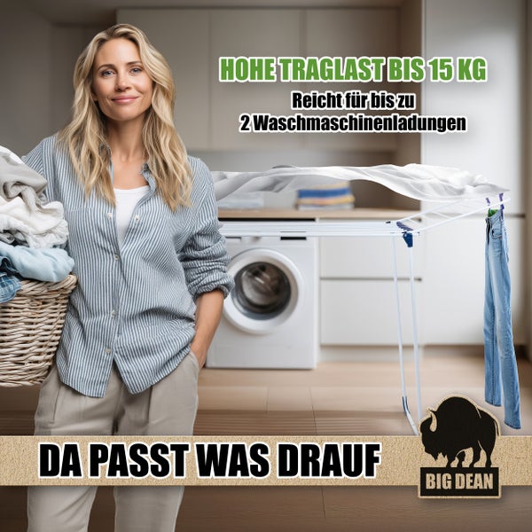 Wäscheständer mit einer Frau, die einen Wäschekorb hält und einer Waschmaschine im Hintergrund