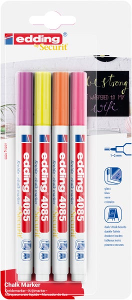 Viererpack Edding 4085 Kreidemarker mit 1 bis 2 Millimeter Rundspitze zum Beschriften von Glas und dunklen Tafeln.