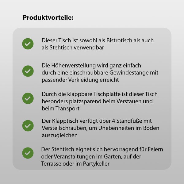 Infografik mit Produktvorteilen eines höhenverstellbaren, klappbaren Stehtischs und Bistrotischs für Garten, Terrasse oder Partykeller.