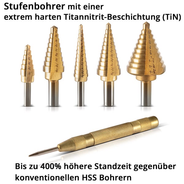 Stufenbohrer Set mit fünf Titannitrid beschichteten Bohrern und einem automatischen Körner.
