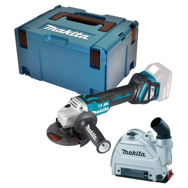 Makita Akku-Winkelschleifer Set mit bürstenlosem Motor, blauem Makpac Transportkoffer und Absaughaube.