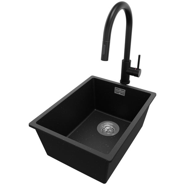 PRIMAGRAN Granitspüle Schwarz Metallic 36x47cm, Spülbecken 1 Becken + Küchenarmatur 40x20cm + Ablauf-Set, Küchenspüle ab 40er Unterschrank - London Slim