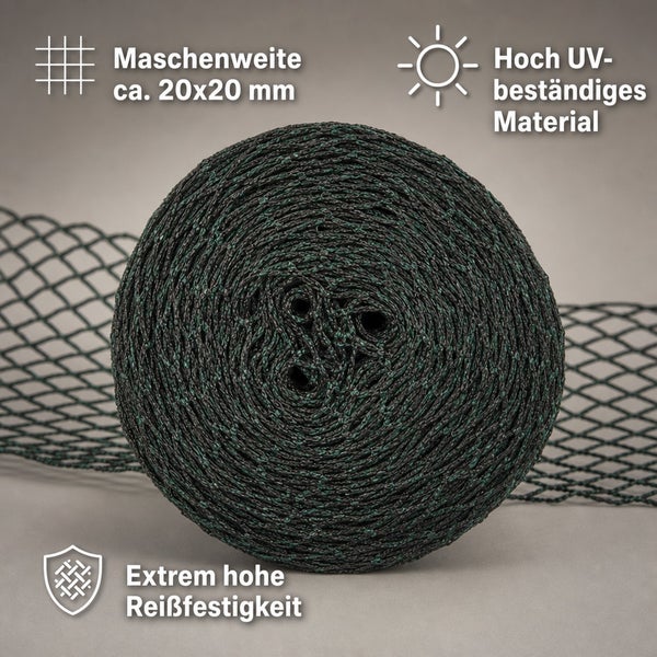 Rolle eines Schutznetzes mit 20 mal 20 Millimeter Maschenweite aus UV-beständigem und reißfestem Material für Garten und Teich.