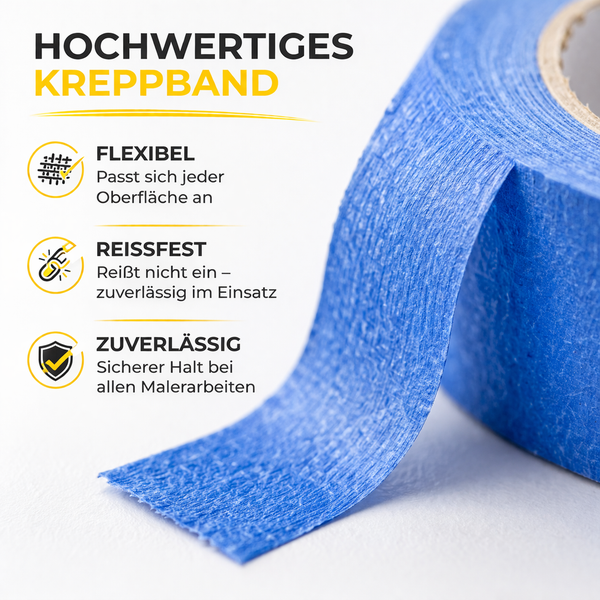 Hochwertiges Kreppband für Malerarbeiten, flexibel, reißfest und zuverlässig für jede Oberfläche.