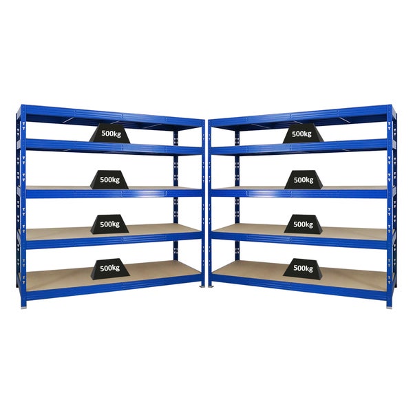 PROREGAL Mega Deal 2x Profi Schwerlastregal Rhino HxBxT 180 x 200 x 60 cm 5 Spanplatten-Ebenen 8mm Fachlast 500 kg Blau