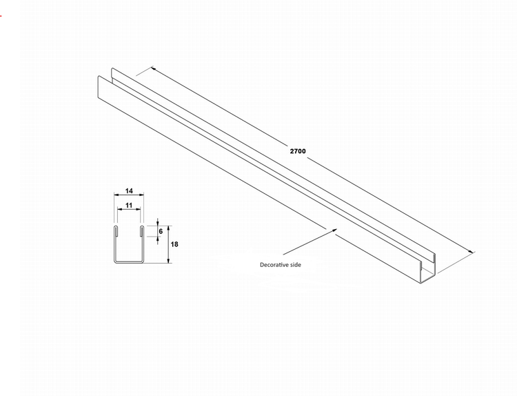 Technisches Diagramm eines U-Profils mit den Maßen 14 mal 18 mal 2700 Millimeter und einer markierten dekorativen Seite.