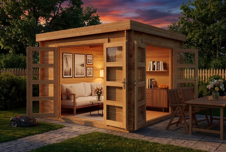 Modernes Gartenhaus aus Holz mit Flachdach und großen Glastüren, eingerichtet als Wohnraum auf einer Terrasse im Garten bei Abenddämmerung.