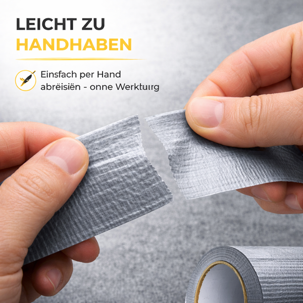 Zwei Hände reißen ein silbernes Gewebeband ohne Werkzeug von Hand ab.