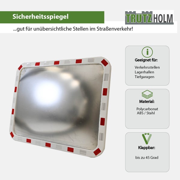 Rechteckiger Trutzholm Sicherheitsspiegel aus Polycarbonat und Stahl für unübersichtliche Verkehrsbereiche, Lagerhallen und Tiefgaragen.