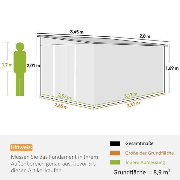 Abmessungen eines Gerätehauses mit Angabe der Gesamtabmessungen, der Größe der Grundfläche und der Innenabmessungen.