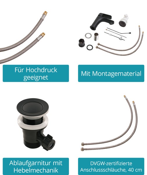 Technische Zeichnung einer Waschtischarmatur mit Maßangaben