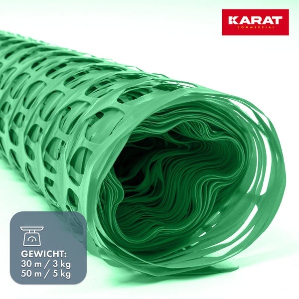 Rolle Absperrzaun aus Kunststoff. Gewichtssymbol zeigt 3 Kilogramm für 30 Meter oder 5 Kilogramm für 50 Meter an. Karat Logo.