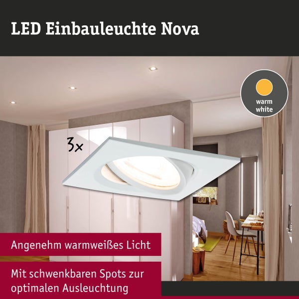 Dreierset quadratische LED-Einbauleuchten Nova in Weiß, schwenkbar, warmweißes Licht im modernen Innenraum.