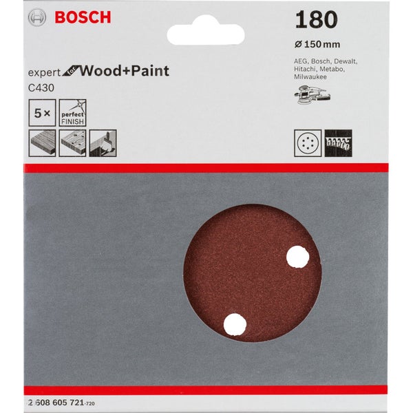 Bosch 5x Schleifblatt C430 Expert for Wood 6 Löcher Klett 150 mm K180 - 2608605721