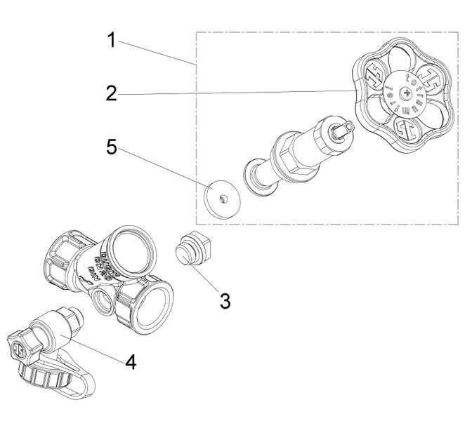 Explosionszeichnung einer Ventilbaugruppe mit Handrad, Ventilspindel, Dichtungsscheibe, Gehäuse und Entleerungsventil mit nummerierten Teilen.
