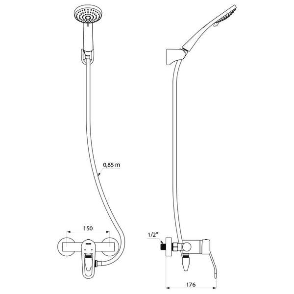 Maßzeichnung einer Duscharmatur mit Handbrause, Schlauch und Einhebelmischer. Schlauchlänge null Komma acht fünf Meter, Breite einhundertfünfzig Millimeter.