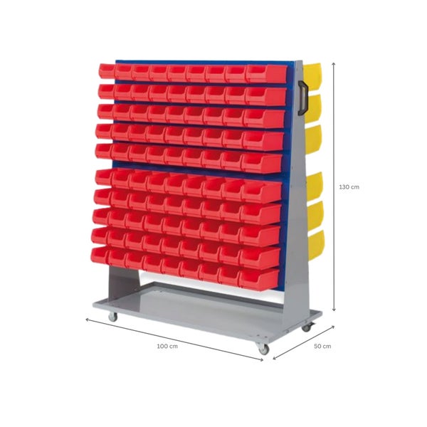 PROREGAL ProfiDrop Systemwagen auf Rollen mit Blauen Systemplatten und 90 x Rote Sichtlagerbox 2.0 und 36 x Gelbe Sichtlagerbox 3.0 130 x 100 x 50 cm