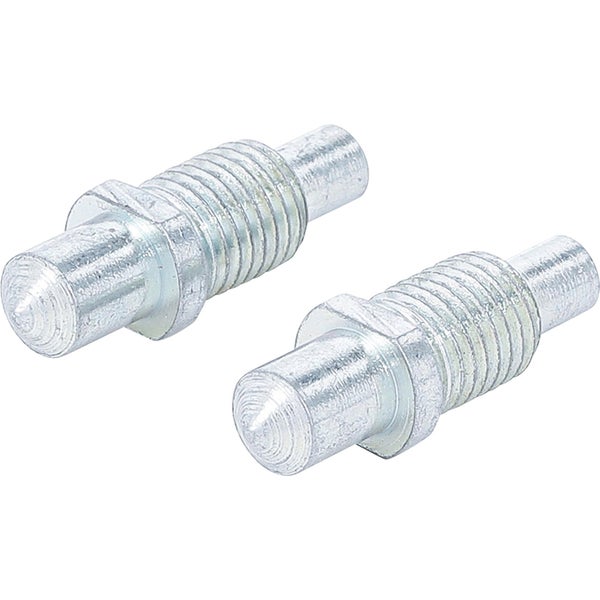 Zwei blaue Unterstellböcke aus Metall mit höhenverstellbarer Säule, Sicherungssplint an einer Kette und gummierter Auflagefläche.