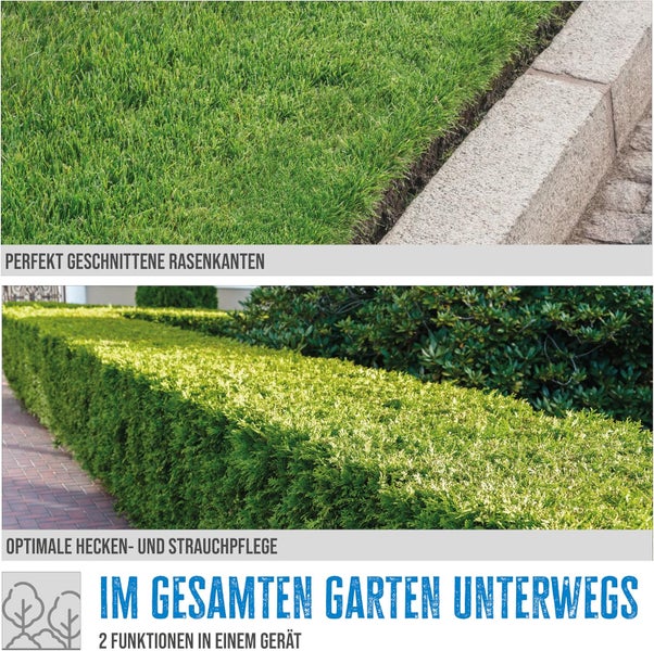 Präzise geschnittene Rasenkante und gepflegte Hecke im Garten mit dem Hinweis auf zwei Funktionen in einem Gerät.