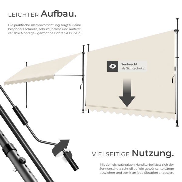 Klemmmarkise mit Teleskopstangen, als Sonnenschutz und vertikaler Sichtschutz nutzbar, Montage ohne Bohren, inklusive Handkurbel.