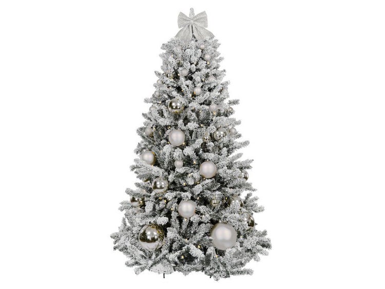 Künstlicher Weihnachtsbaum mit Kunstschnee, Kugeln und Schleife als Baumspitze