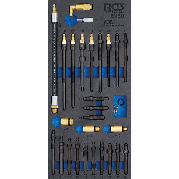 BGS technic 6960 Glühkerzen-Adapter-Satz in Schaumstoffeinlage mit verschiedenen Adaptern und einem Prüfschlauch.