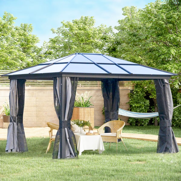 Outsunny Hardtop Gartenpavillon 3 x 3,6m, 4 x Doppel-Vorhänge, wetterfest, stabil, festes lichtdurchlässiges Dach, Dunkelgrau+Schwarz