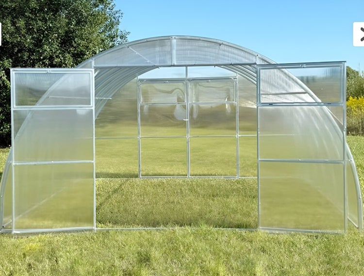 Gewächshaus mit geöffneten Fenstern und Tür im Garten