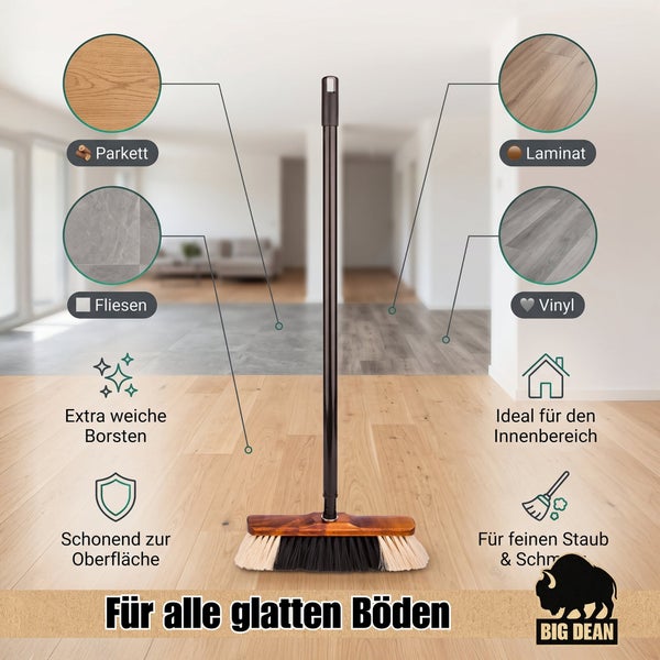 Zimmerbesen mit weichen Borsten und Holzrücken für glatte Böden wie Parkett, Laminat, Fliesen und Vinyl mit Big Dean Logo.