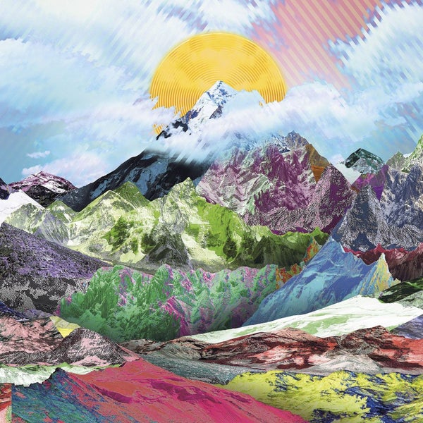 Illustration einer bunten Berglandschaft mit Sonne und Wolken