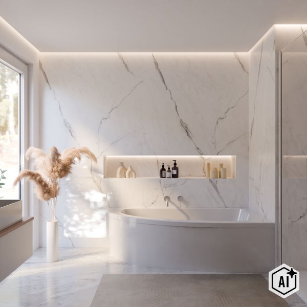 Modernes Badezimmer mit Marmorfliesen, Einbaubadewanne und beleuchteter Nische. Helles, geräumiges Design mit dekorativen Pflanzen.