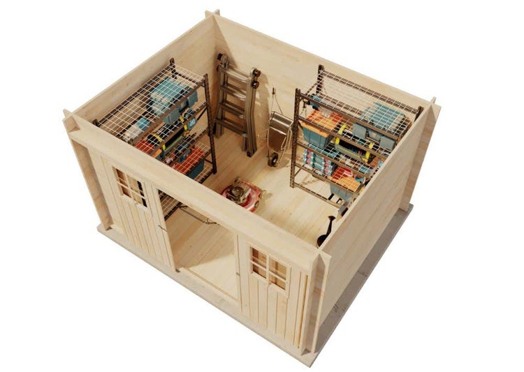 Innenansicht eines Gartenhauses aus Holz mit Regalen, Leiter, Schubkarre und Rasenmäher. Organisierter Stauraum mit Doppeltür.